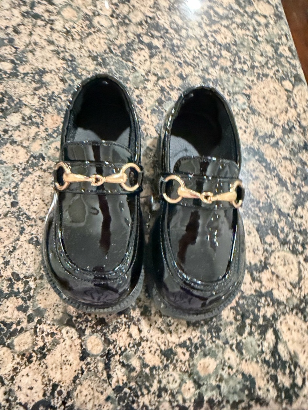 Kids Patent Black Loafers with Gold Bit Accent